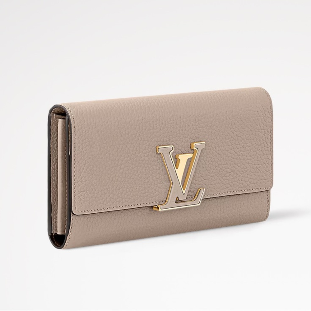 Louis Vuitton Taupe Leather Capucines Wallet with Gold Logo